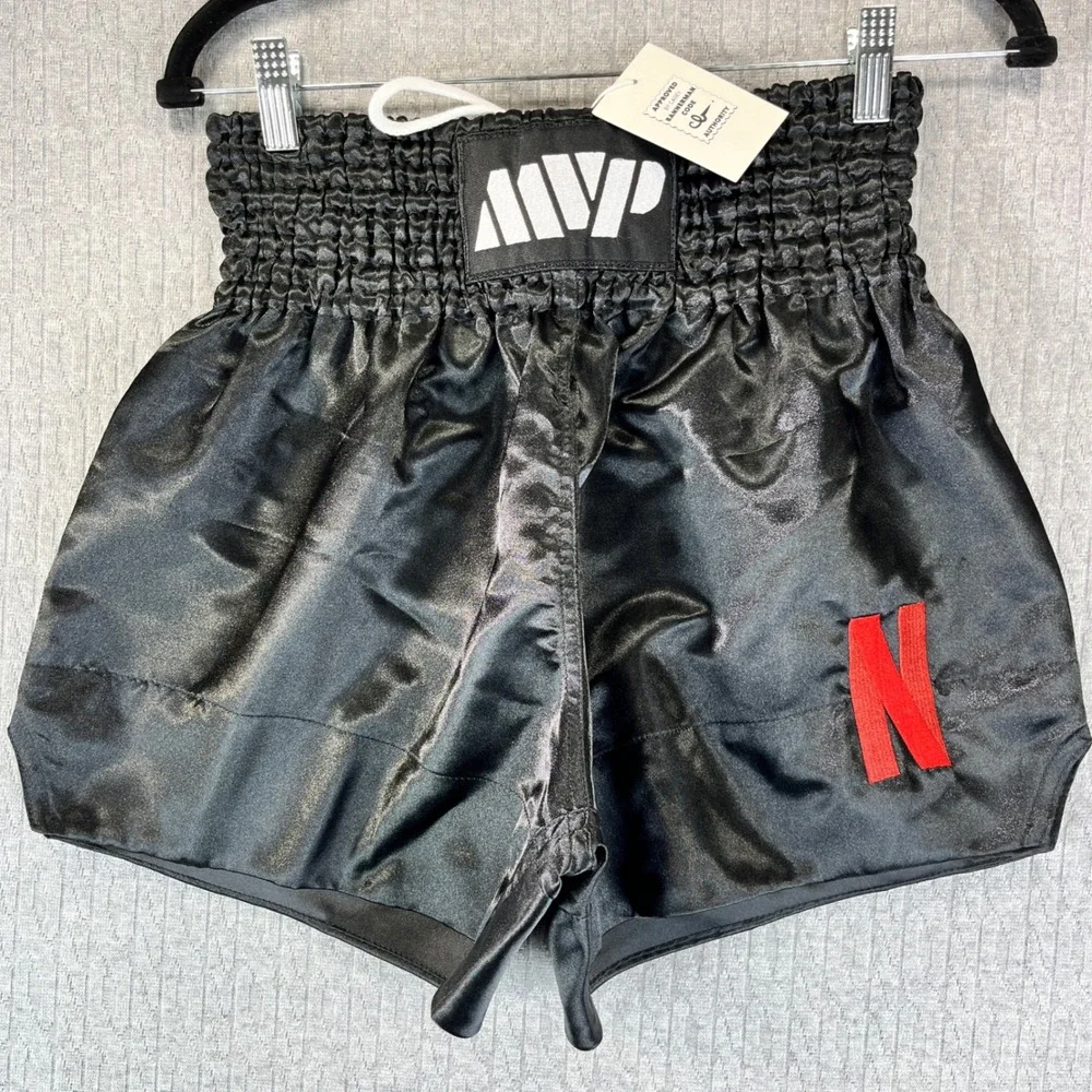 New MVP Netflix Muay Thai Boxing fight Shorts Youth M/26 Black Satin MMA sparing